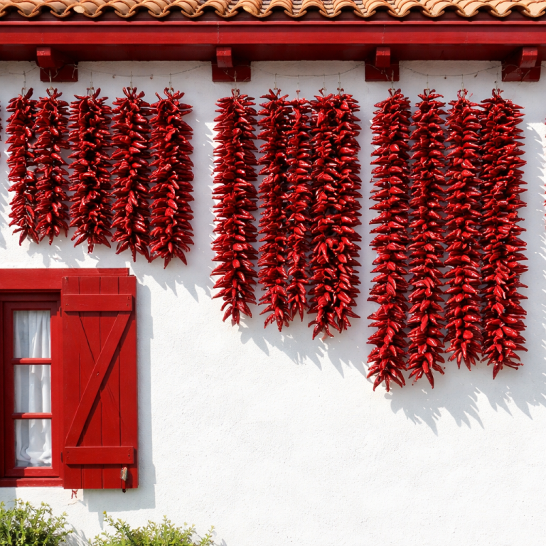 cordes de piment d'Espelette en train de sécher sur une façade de maison basque